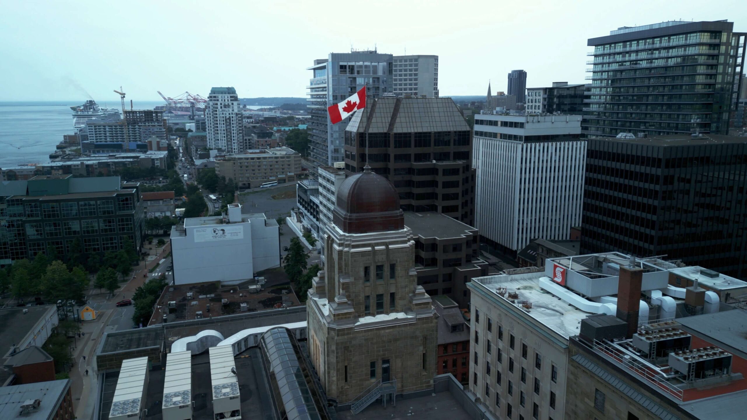 Aerial top-down view of downtown Halifax streets and buildings, taken by a professional Halifax videographer. Offering premium video production services in Halifax for businesses and events.